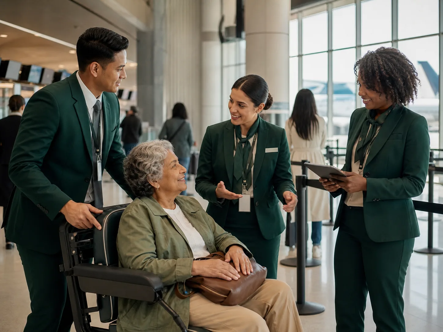 A passenger services team assisting a traveller in an airport terminal