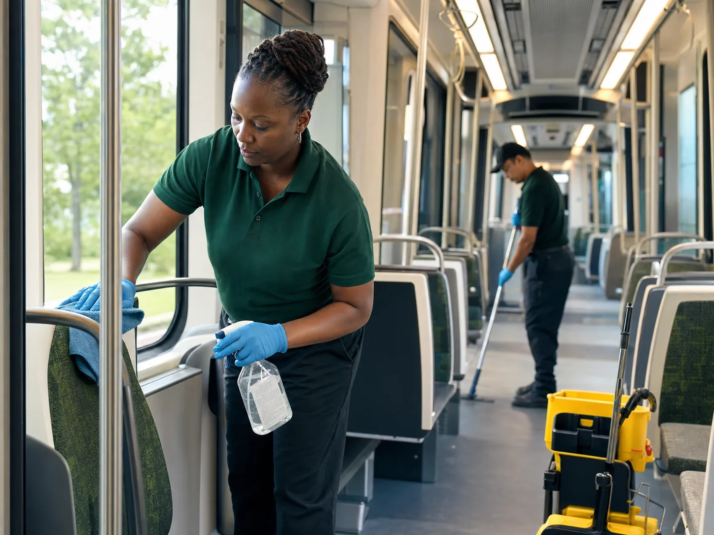 A transit fleet service team cleaning a light rail vehicle